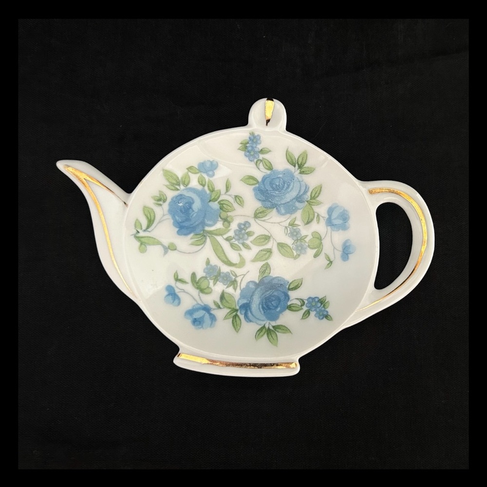 Vintage Blue Flowers Hand Painted China Teapot Shaped Tea Bag Trinket Holder EUC